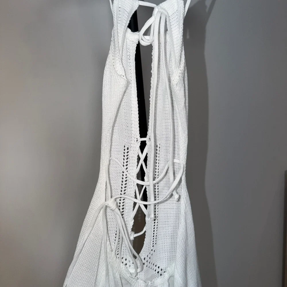 White Knit Lace Up Front Cut Out Maxi Dress Sexy Beach Cover Up Sleeveless M - Picture 4 of 8